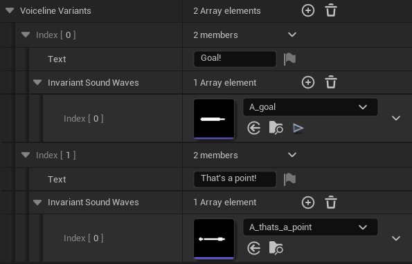 Screenshot of voiceline variants for a "goal"